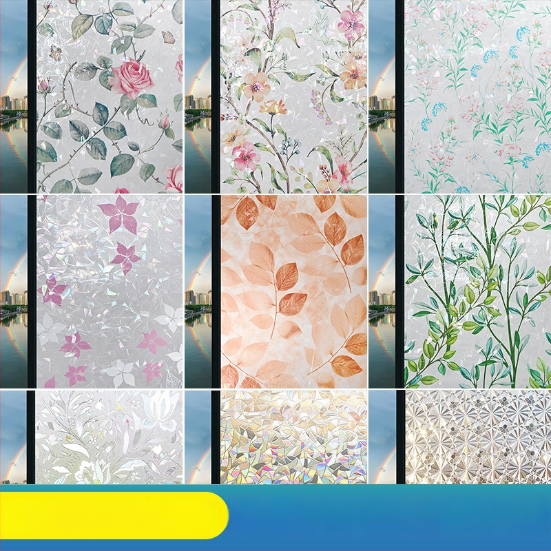 PVC statiska stikla plēve ar ziedu rakstu, matēta caurspīdīga logu plēve privātumam un siltumizolācijai