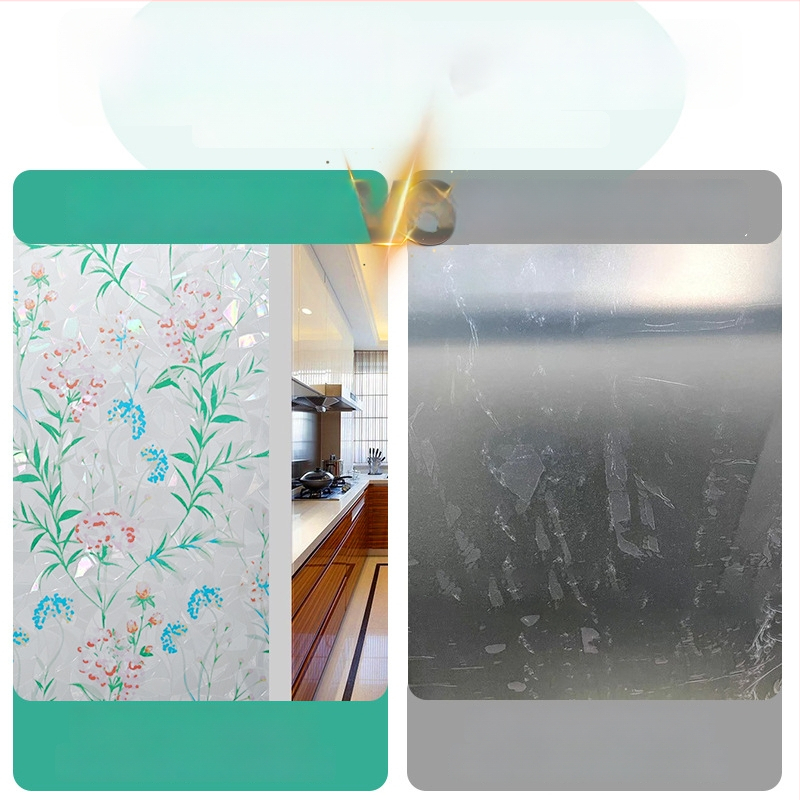 PVC statiska stikla plēve ar ziedu rakstu, matēta caurspīdīga logu plēve privātumam un siltumizolācijai
