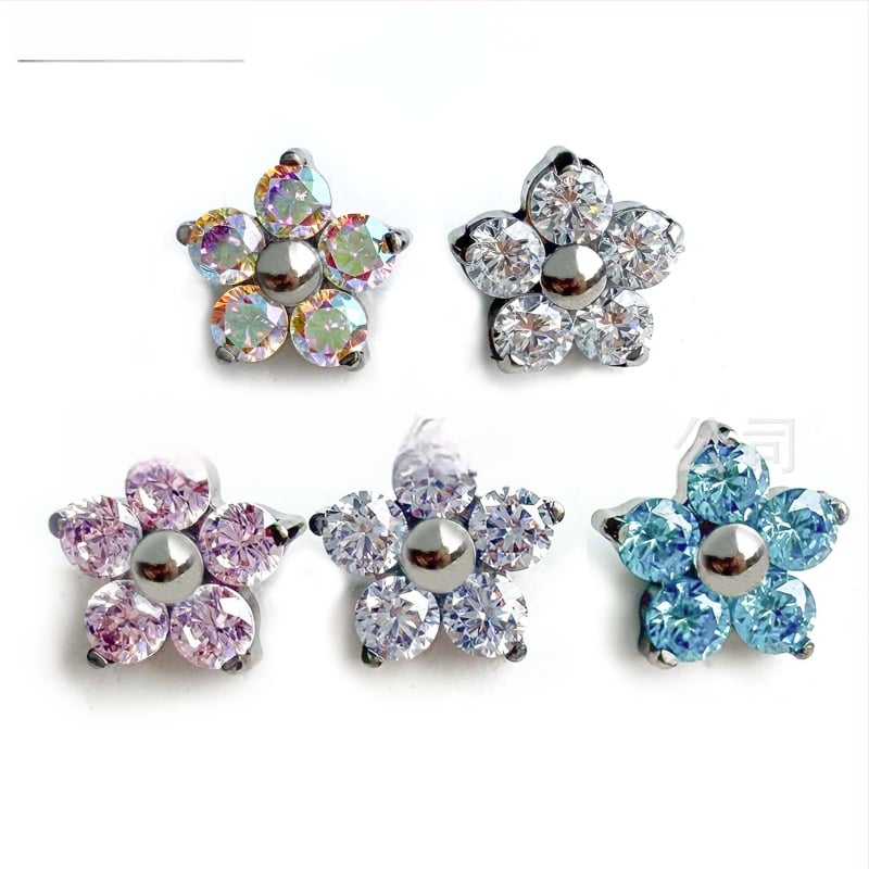 G23 titano lydinio penkių žiedlapių gėlės auskarai su cirkonio kristalais, vidinis sriegis, geometrinė forma