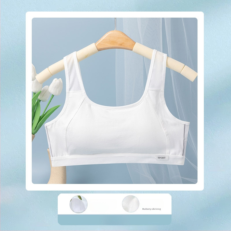 Tinédzser sportmelltartó-vest, varrás nélküli, lélegző; nylon fő anyag, pamut bélés; teljes kosár, vékony formázott kosár pamutból; rögzített dupla vállpántok