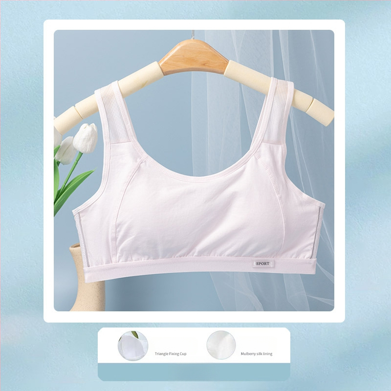 Tinédzser sportmelltartó-vest, varrás nélküli, lélegző; nylon fő anyag, pamut bélés; teljes kosár, vékony formázott kosár pamutból; rögzített dupla vállpántok