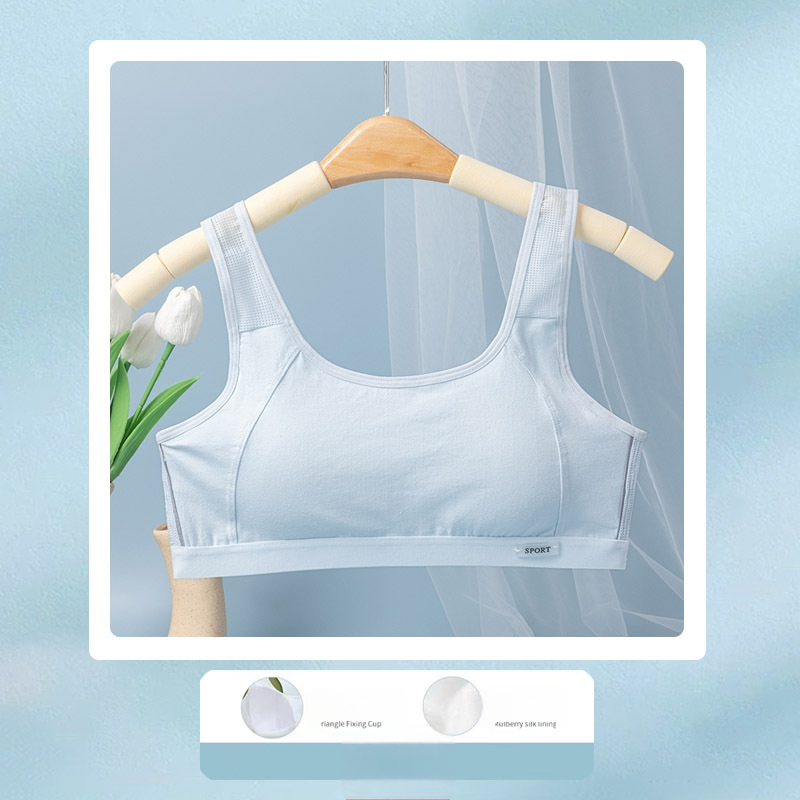 Tinédzser sportmelltartó-vest, varrás nélküli, lélegző; nylon fő anyag, pamut bélés; teljes kosár, vékony formázott kosár pamutból; rögzített dupla vállpántok