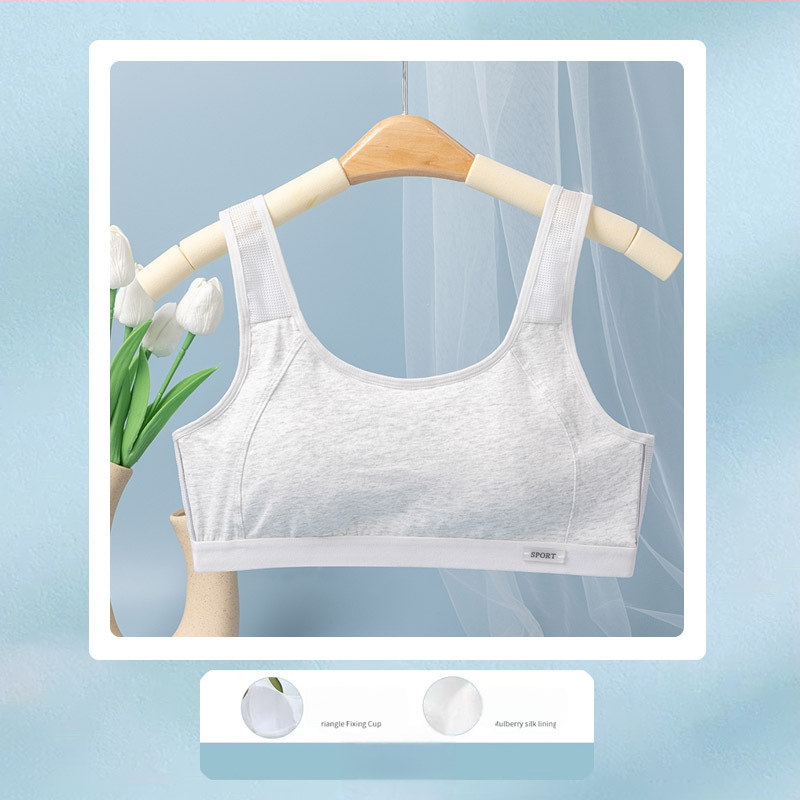 Tinédzser sportmelltartó-vest, varrás nélküli, lélegző; nylon fő anyag, pamut bélés; teljes kosár, vékony formázott kosár pamutból; rögzített dupla vállpántok