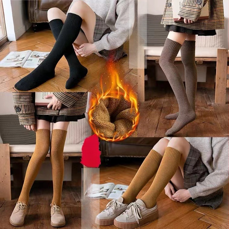 Ziemas zeķes virs ceļiem ar flīsa iekšpusi, biezas, vienkrāsainas, poliestera un kokvilnas maisījums