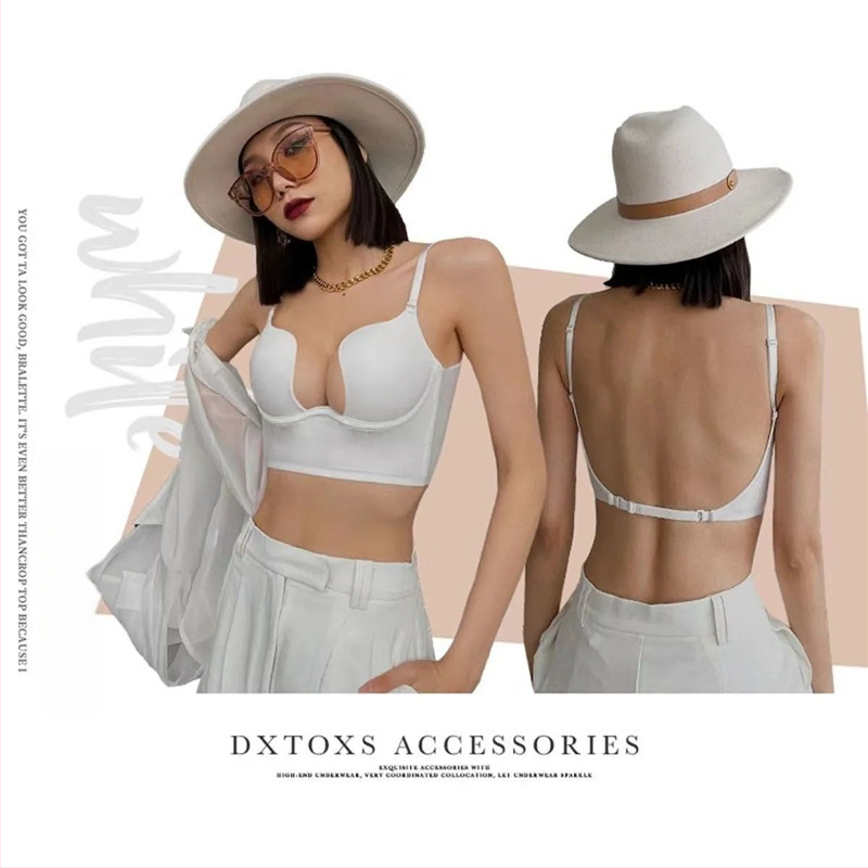 Sutien fără spate, cu push-up în formă de U pentru bust mic, decolteu adânc în V, cupă 3/4, bretele detașabile-duble