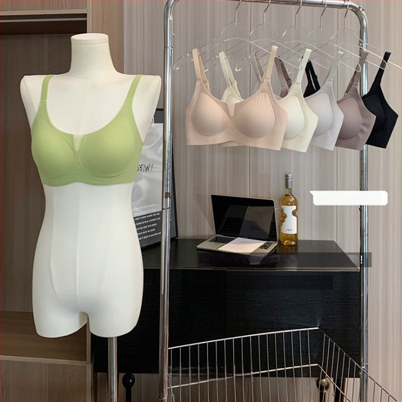 Sutien din nylon fără sârmă, fără cusături, cupă 3/4 cu model subțire, susținere moale, adună țesutul lateral, închidere în spate cu patru rânduri