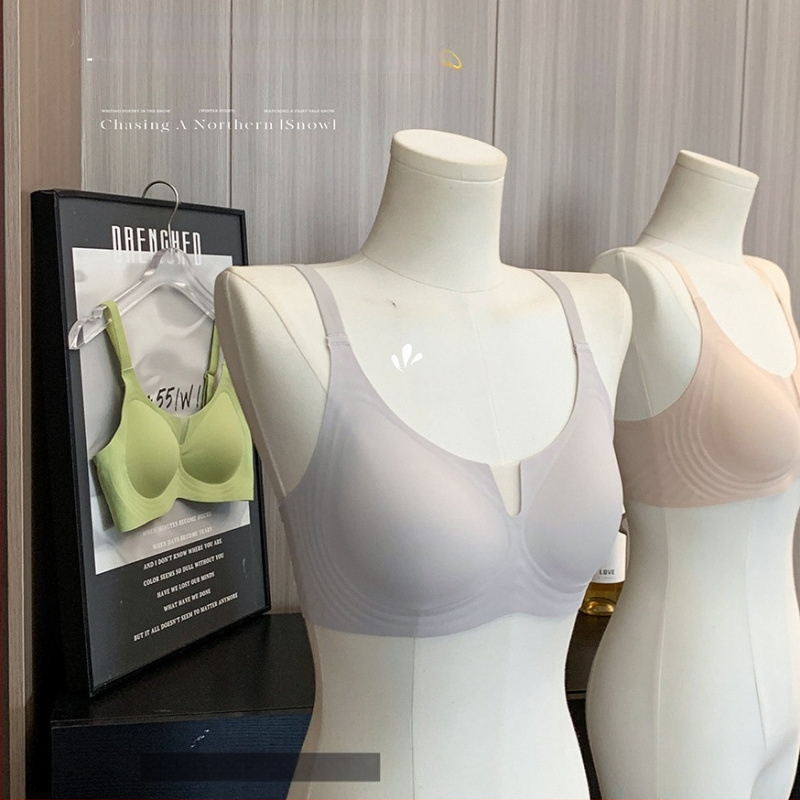 Sutien din nylon fără sârmă, fără cusături, cupă 3/4 cu model subțire, susținere moale, adună țesutul lateral, închidere în spate cu patru rânduri