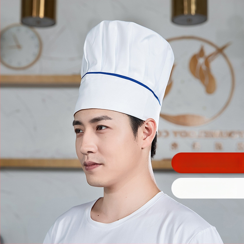 Šefpavāra cepure: kokvilnas twills audums, rūtains raksts, plakana augšdaļa, bez malām, drukāts logotips