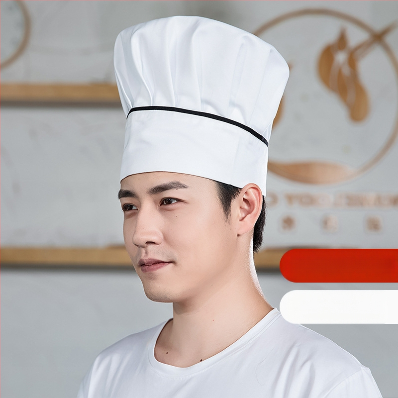 Šefpavāra cepure: kokvilnas twills audums, rūtains raksts, plakana augšdaļa, bez malām, drukāts logotips