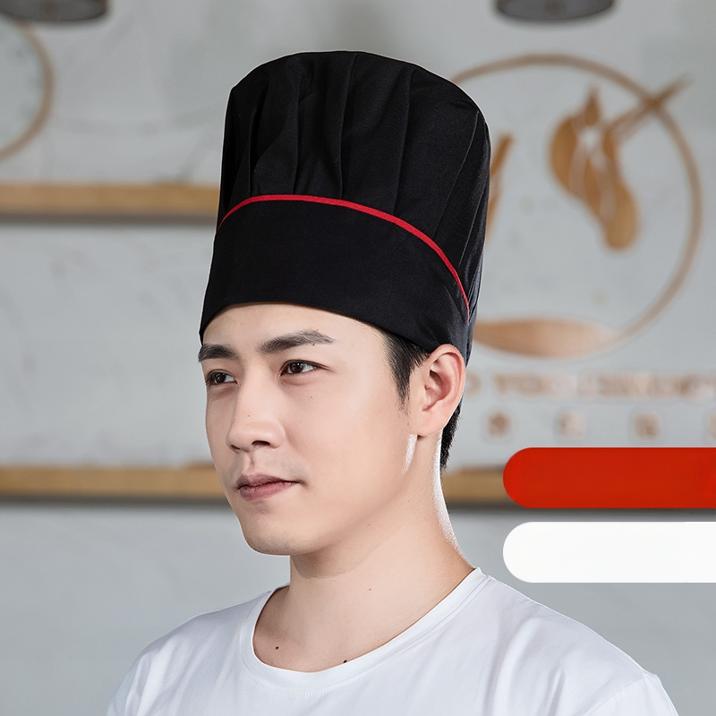 Šefpavāra cepure: kokvilnas twills audums, rūtains raksts, plakana augšdaļa, bez malām, drukāts logotips