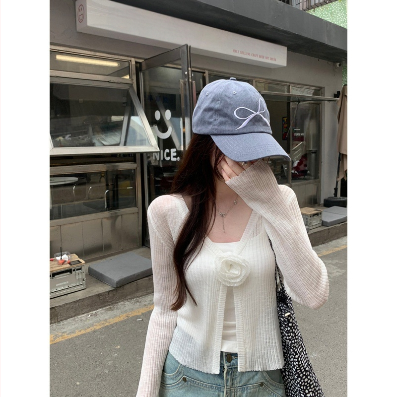 Cardigan tricotat cu imprimeu floral, poliester subțire, mâneci lungi, lungime scurtă