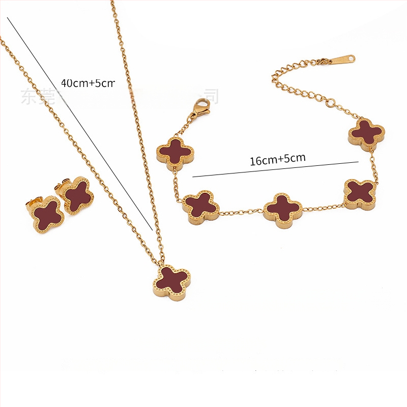 Četru lapu laimes juvelieru komplekts: kaklarota, rokassprādze un auskari no titāna tērauda, O-saites, elektroplatinga pārklājums