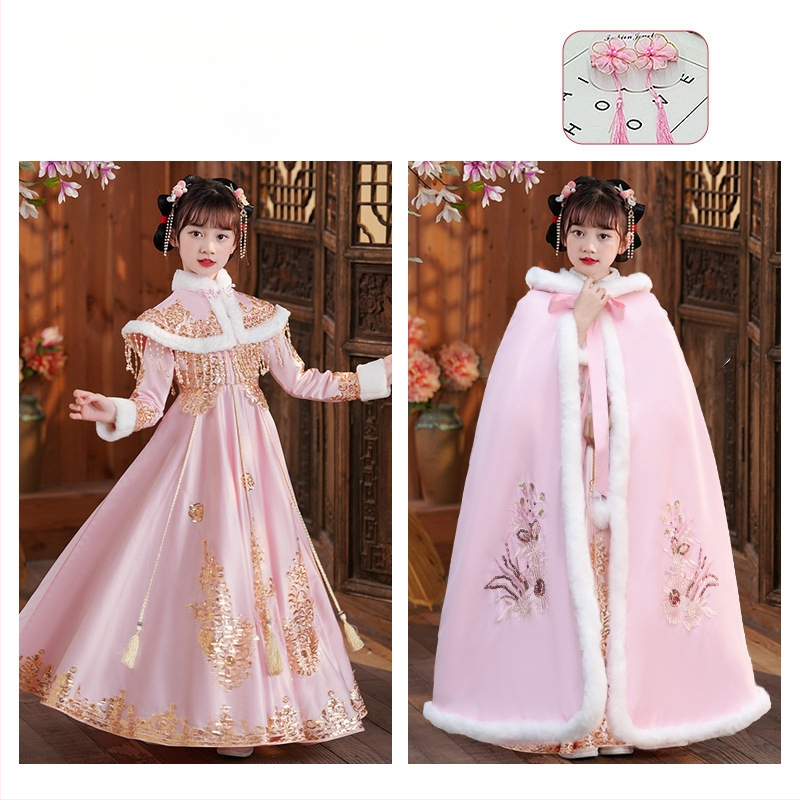 Lányoknak szóló Tang-stílusú ruha vastag köpenyével, 2025 téli kollekció, lágyított poliészterből, 8 éves kortól