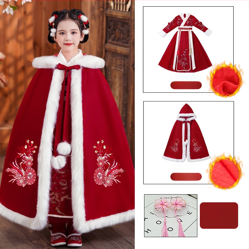 Lányoknak szóló Tang-stílusú ruha vastag köpenyével, 2025 téli kollekció, lágyított poliészterből, 8 éves kortól