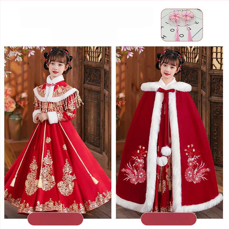 Lányoknak szóló Tang-stílusú ruha vastag köpenyével, 2025 téli kollekció, lágyított poliészterből, 8 éves kortól