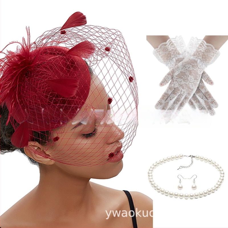 Set retro de mireasă pentru păr cu pene și plasă de voal, cercei și mănuși — lucrat manual, pentru femei, 5463 seturi