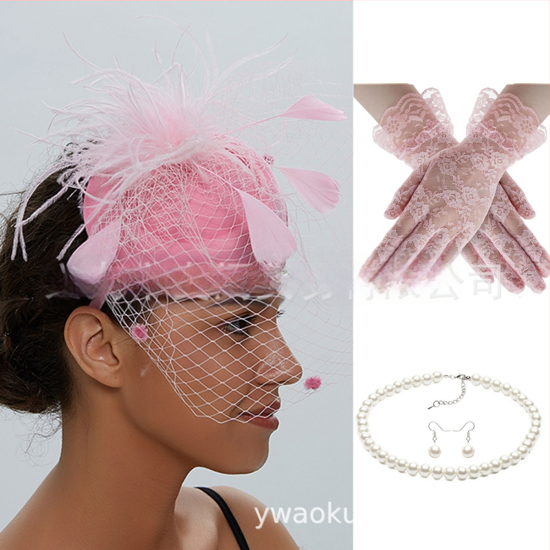 Set retro de mireasă pentru păr cu pene și plasă de voal, cercei și mănuși — lucrat manual, pentru femei, 5463 seturi