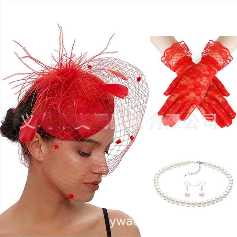 Set retro de mireasă pentru păr cu pene și plasă de voal, cercei și mănuși — lucrat manual, pentru femei, 5463 seturi