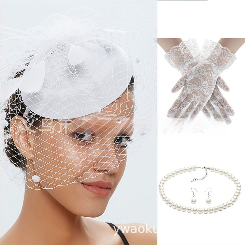 Set retro de mireasă pentru păr cu pene și plasă de voal, cercei și mănuși — lucrat manual, pentru femei, 5463 seturi