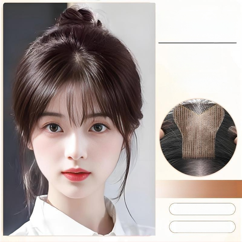 Fragment de perucă pentru frunte, fără margine, respirabil, țesut mecanic și manual, păr drept, model P618, poate fi vopsit și tratat cu perm