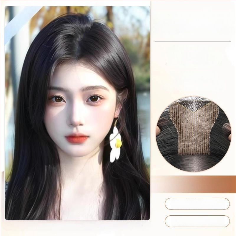 Fragment de perucă pentru frunte, fără margine, respirabil, țesut mecanic și manual, păr drept, model P618, poate fi vopsit și tratat cu perm