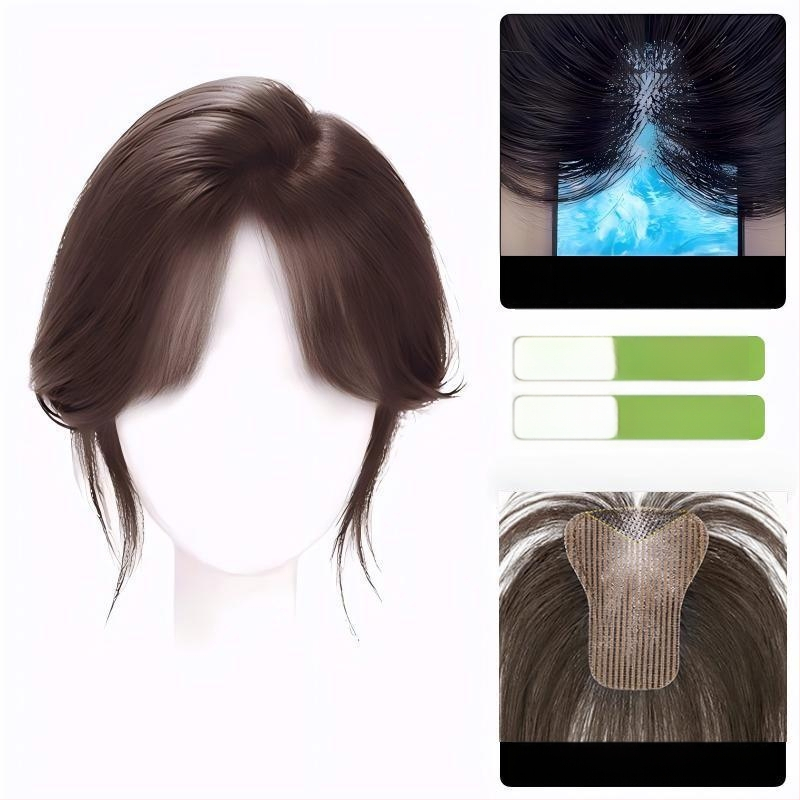 Fragment de perucă pentru frunte, fără margine, respirabil, țesut mecanic și manual, păr drept, model P618, poate fi vopsit și tratat cu perm