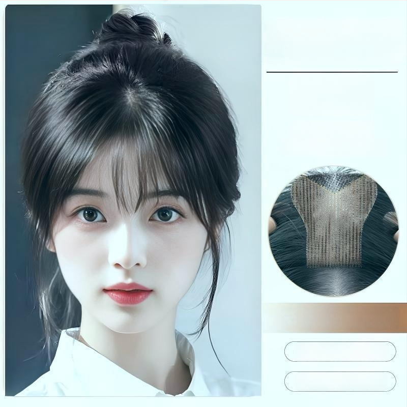 Fragment de perucă pentru frunte, fără margine, respirabil, țesut mecanic și manual, păr drept, model P618, poate fi vopsit și tratat cu perm