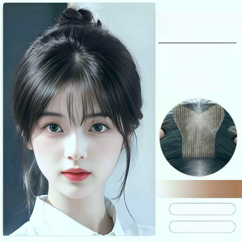 Fragment de perucă pentru frunte, fără margine, respirabil, țesut mecanic și manual, păr drept, model P618, poate fi vopsit și tratat cu perm