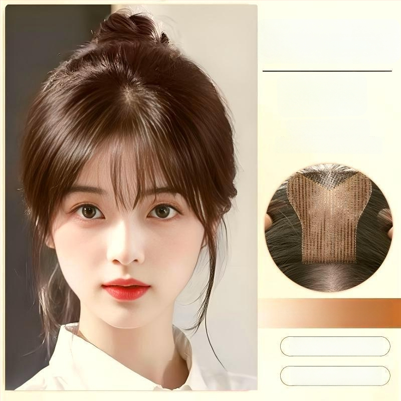 Fragment de perucă pentru frunte, fără margine, respirabil, țesut mecanic și manual, păr drept, model P618, poate fi vopsit și tratat cu perm