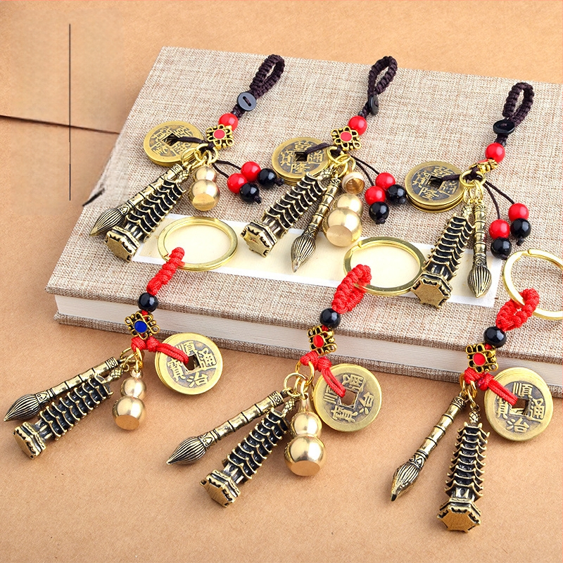 Žalvarinis pakabukas raktis su Wenchang Tower dizainu, devynaukštis bokštas, Penkių imperatorių monetų motyvas