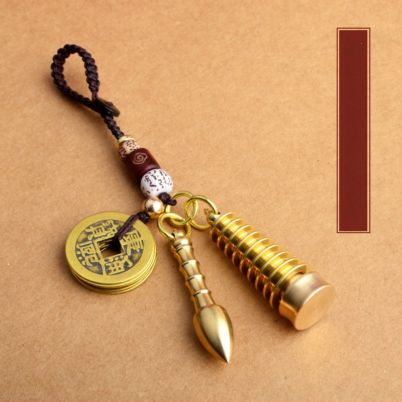 Žalvarinis pakabukas raktis su Wenchang Tower dizainu, devynaukštis bokštas, Penkių imperatorių monetų motyvas