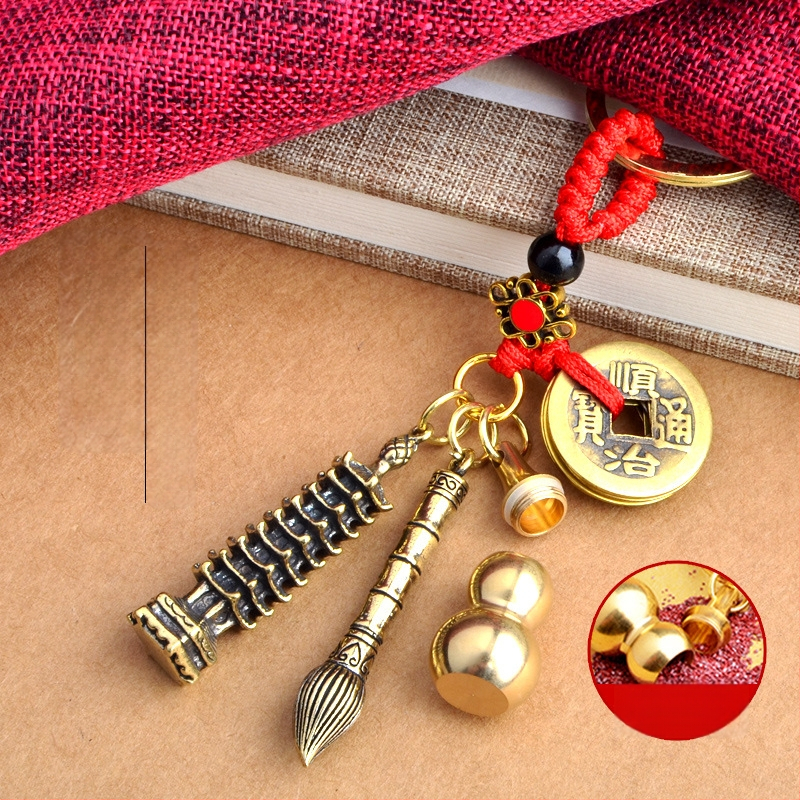 Žalvarinis pakabukas raktis su Wenchang Tower dizainu, devynaukštis bokštas, Penkių imperatorių monetų motyvas