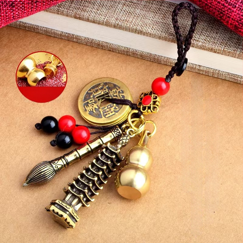 Žalvarinis pakabukas raktis su Wenchang Tower dizainu, devynaukštis bokštas, Penkių imperatorių monetų motyvas