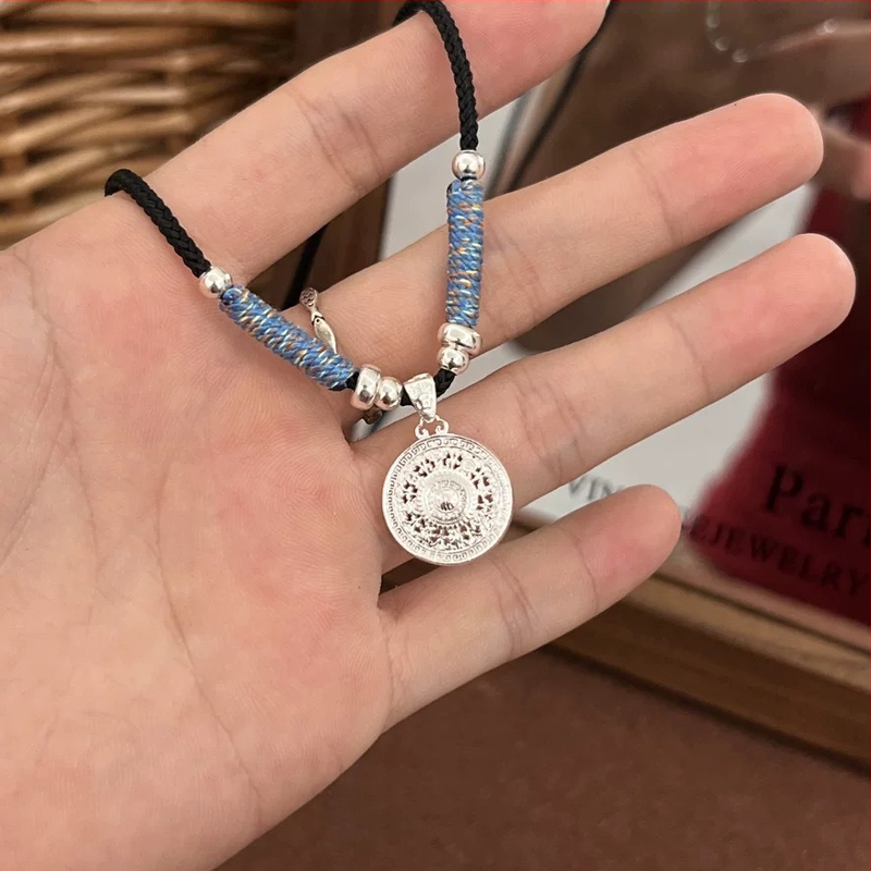 999 sudraba astoņu dārgumu kompasu kulons ar rokām adītu kukurūzas tipa ķēdi, universāls, etnisks stils, garums 41–50 cm