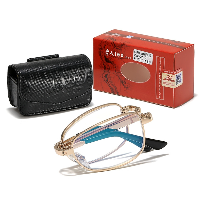 Sklopive naočale za čitanje s anti-plavim svjetlom, staklene leće visoke jasnoće, metalni okvir, model 818, PD 48-20-135