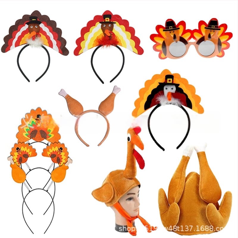 Diademă cu pălărie de curcă și ochelari pentru Ziua Recunoștinței – material: pânză; proces: semi-manual/semi-mecanic; personalizare disponibilă