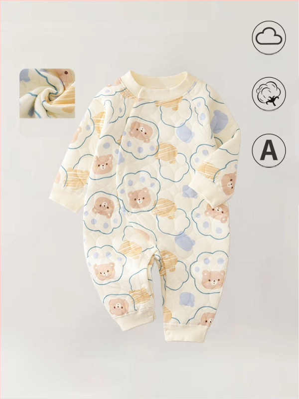 Zīdaiņu kombinezons no kokvilnas – trīs slāņu silts, rudens-ziemas sezonai, jaundzimušajiem, garas piedurknes, priekšējais vienkāršais aizvērums