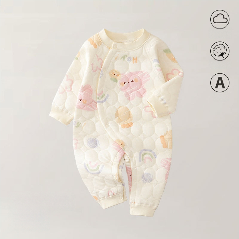 Zīdaiņu kombinezons no kokvilnas – trīs slāņu silts, rudens-ziemas sezonai, jaundzimušajiem, garas piedurknes, priekšējais vienkāršais aizvērums