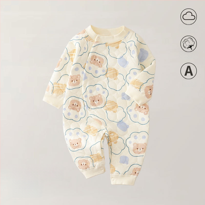 Zīdaiņu kombinezons no kokvilnas – trīs slāņu silts, rudens-ziemas sezonai, jaundzimušajiem, garas piedurknes, priekšējais vienkāršais aizvērums