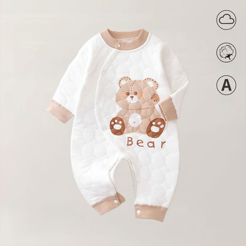 Zīdaiņu kombinezons no kokvilnas – trīs slāņu silts, rudens-ziemas sezonai, jaundzimušajiem, garas piedurknes, priekšējais vienkāršais aizvērums