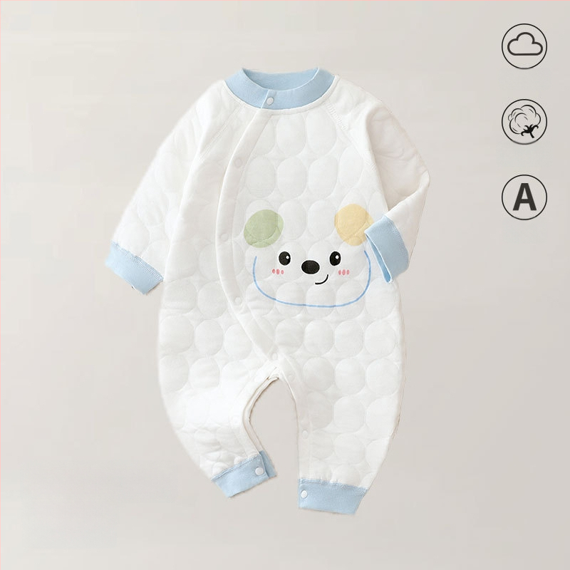 Zīdaiņu kombinezons no kokvilnas – trīs slāņu silts, rudens-ziemas sezonai, jaundzimušajiem, garas piedurknes, priekšējais vienkāršais aizvērums