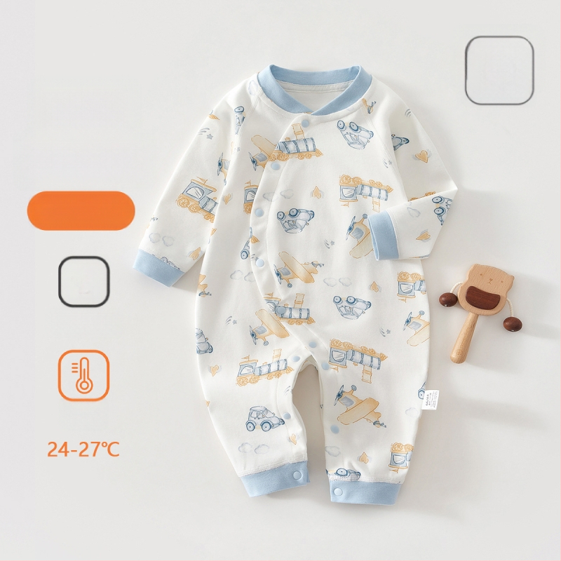 Zīdaiņu kokvilnas kombinezon s garām piedurknēm, universāls, 100% kokvilna, jaunajam zīdainim (0–1 gads), diagonālais pogu aizvērums