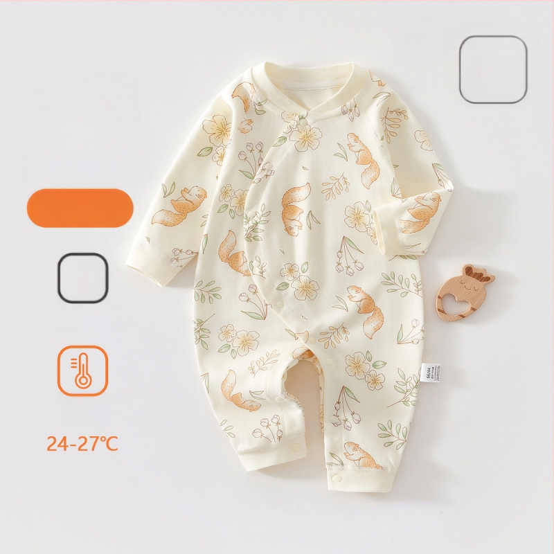 Zīdaiņu kokvilnas kombinezon s garām piedurknēm, universāls, 100% kokvilna, jaunajam zīdainim (0–1 gads), diagonālais pogu aizvērums
