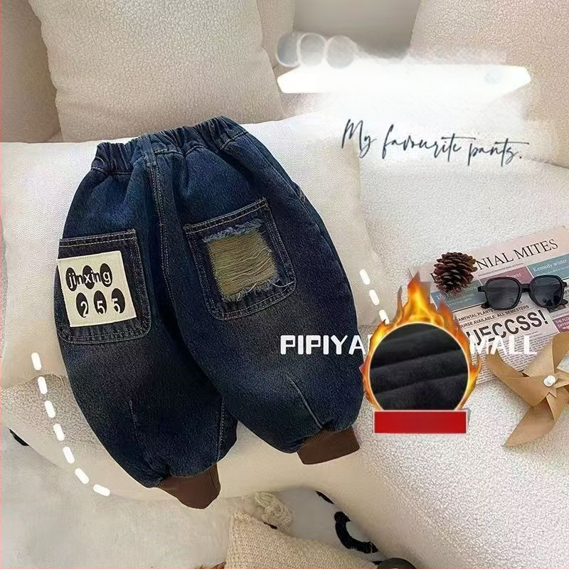 Zēnu džinsa bikses ar flīsa iekšpusi un rakstainu maliņu, ziemas siltums