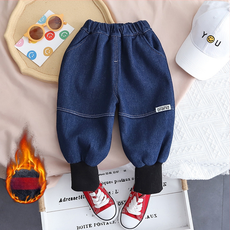 Zēnu džinsa bikses ar flīsa iekšpusi un rakstainu maliņu, ziemas siltums