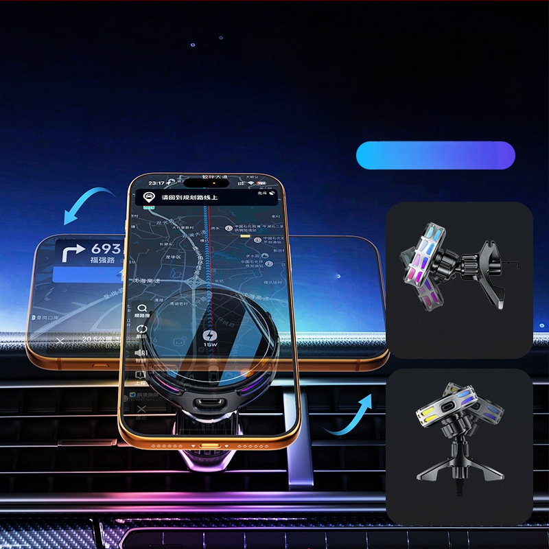 Auto držač za telefon s bežičnim punjenjem, dvostruki magnetski, sklopivi zaslon, 25W, kompatibilan s navigacijom