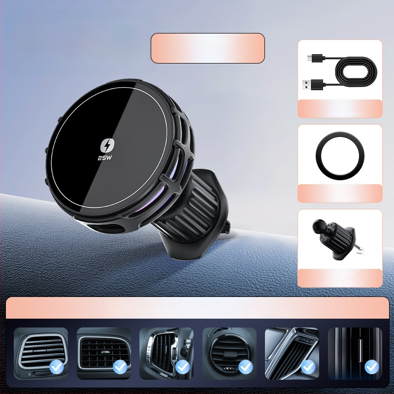 Auto držač za telefon s bežičnim punjenjem, dvostruki magnetski, sklopivi zaslon, 25W, kompatibilan s navigacijom