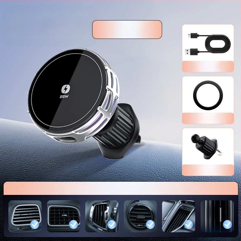 Auto držač za telefon s bežičnim punjenjem, dvostruki magnetski, sklopivi zaslon, 25W, kompatibilan s navigacijom