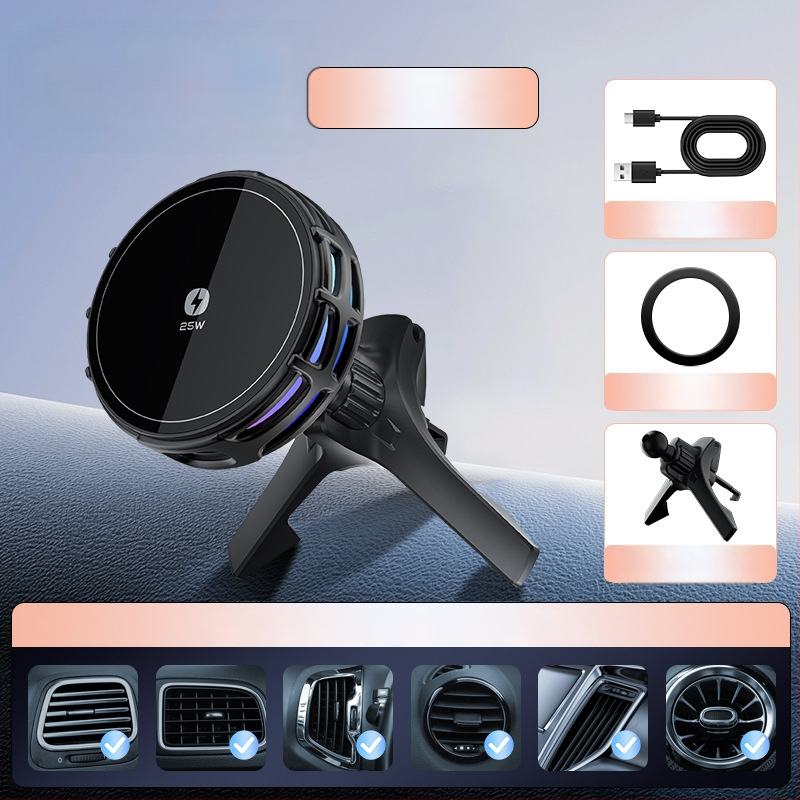 Auto držač za telefon s bežičnim punjenjem, dvostruki magnetski, sklopivi zaslon, 25W, kompatibilan s navigacijom