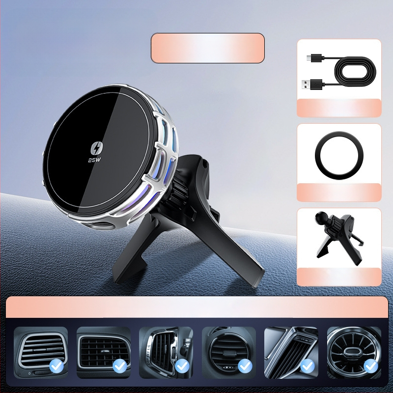 Auto držač za telefon s bežičnim punjenjem, dvostruki magnetski, sklopivi zaslon, 25W, kompatibilan s navigacijom